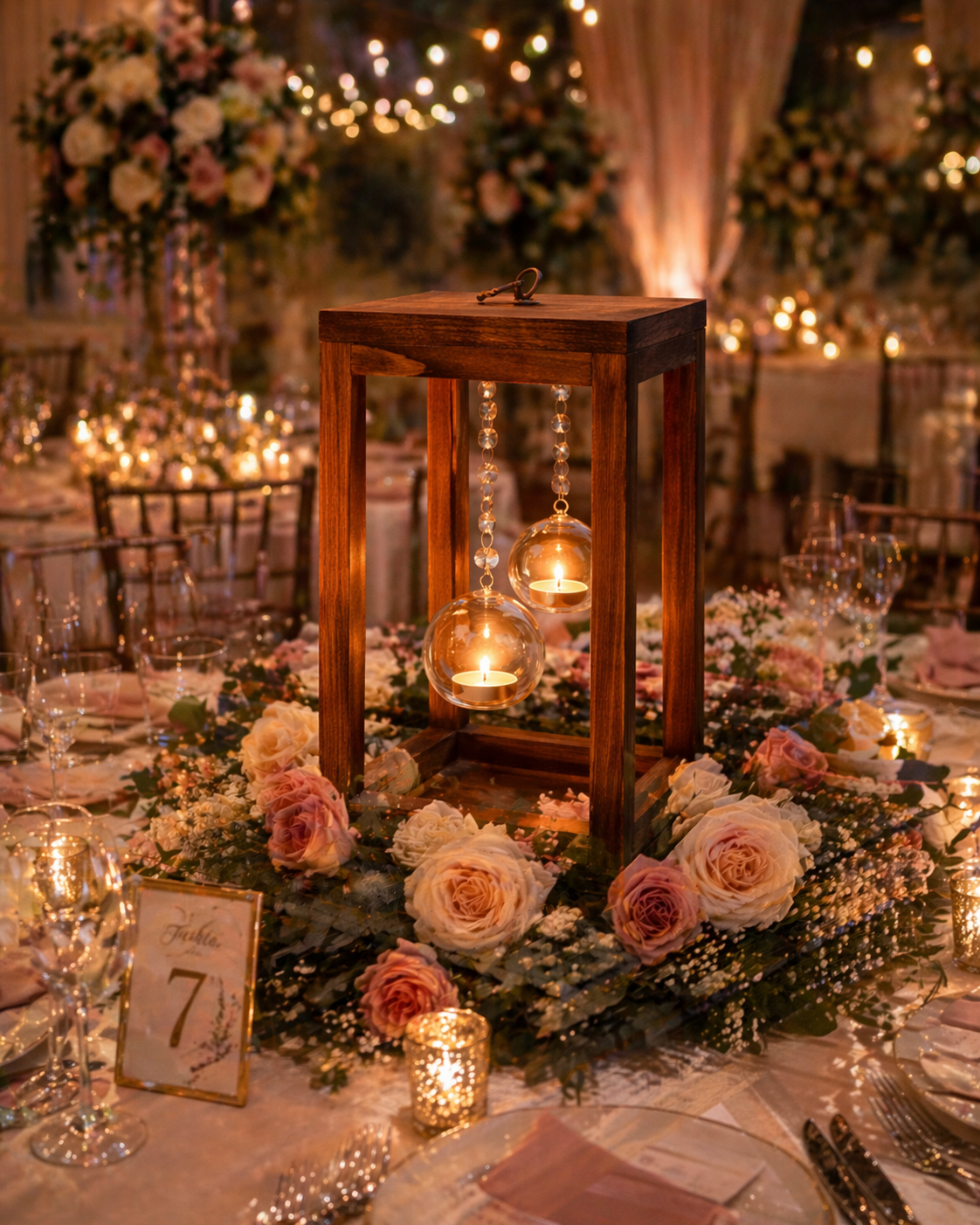 Hanging Double Orb Crystal or Gold Chain Lantern